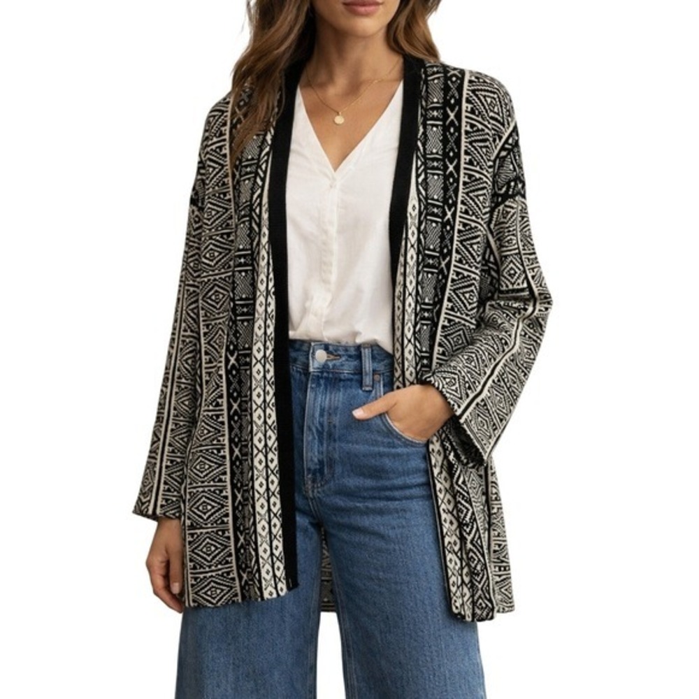 Old Navy Fair Isle Long Cardigan Sweater Women M Black White Southwestern Tribal
